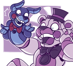 anthro clothing duo hat headgear headwear machine puppet top_hat asteryxx five_nights_at_freddy's scottgames sister_location funtime_freddy_(fnafsl) puppet_bonnie_(fnafsl) animatronic bear lagomorph leporid mammal rabbit robot