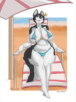 anthro areola areola_outline areola_slip beach big_breasts big_butt bikini bikini_bottom bikini_top breasts butt clothing female fluffy fluffy_tail huge_breasts montgomery_glands nipple_outline sleeping solo swimwear tail thick_thighs two-piece_swimsuit zincx moko_(shi_modoke) canid canine canis domestic_dog mammal absurd_res hi_res