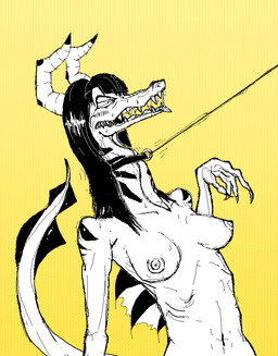 4_fingers anthro black_body black_scales bodily_fluids breasts collar female fingers frill_(anatomy) hair horn leash leash_pull long_hair looking_pleasured nipples open_mouth saliva scales simple_background solo sweat tail tongue tongue_out unusual_anatomy unusual_tail white_body white_scales bittertooth mythology dragon monster mythological_creature mythological_scalie scalie 2016 black_and_white monochrome