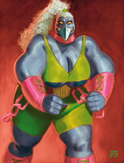 anthro areola areola_slip beak belt big_arms big_breasts big_female blue_beak blue_body boots bottomwear breasts chain choker clenched_teeth clothing curly_hair eyelashes female fist footwear frowning_at_viewer glowing glowing_eyes green_clothing hair impressionist_background jewelry looking_at_viewer muscular muscular_female nails necklace overweight overweight_female pink_clothing ponytail shoes shorts showing_teeth simple_background solo spandex spandex_clothing spandex_shorts teeth tight_bottomwear tight_clothing tight_shorts toothed_beak under_boob white_hair wide_hips wrestler wrestling_belt wrestling_outfit yellow_eyes dyna_soar avian demon vulture_demoness 2026 digital_media_(artwork) digital_painting_(artwork) hi_res painting_(artwork) portrait signature