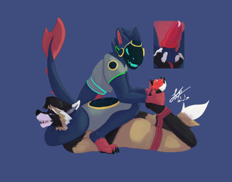 ambiguous_fluids animal_genitalia animal_penis anthro armor arms_tied ball_grab balls black_body black_fur blue_body blue_fur bound canine_genitalia canine_penis claws duo fur genitals knot legs_tied machine male male/male pawpads paws penis red_body red_fur sitting_on_another strangling submitting tail_around_neck tan_body tan_fur visor connerarts andrew_conner fox_becket canid canine mammal procyonid protogen raccoon hi_res
