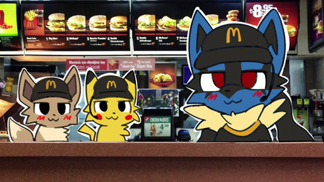 anthro blush female feral looking_at_viewer male mascot photo_background text 4pie boy_kisser_(meme) mcdonald's nintendo pokemon eevee generation_1_pokemon generation_4_pokemon lucario pikachu pokemon_(species) 16:9 2d_animation animated digital_media_(artwork) hi_res meme mixed_media photography_(artwork) short_playtime sound turkish_text video widescreen