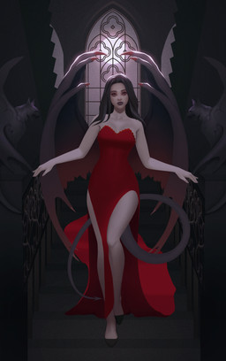 bare_legs bare_shoulders big_wings black_clothing black_footwear black_hair black_high_heels black_lips black_tail breasts cleavage clothed clothing colored_nails detailed_background dress eyebrows fangs female footwear full_moon hair high_heels lips long_hair long_tail moon multicolored_wings nails pink_nails purple_eyes red_clothing red_dress shoes solo spade_tail stairs tail teeth thin_tail window wings frieder1 vinslet humanoid vampire absurd_res hi_res