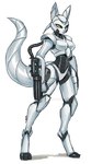 anthro biped breasts female gatling_gun gun machine machine_gun minigun multicolored_body pointy_ears ranged_weapon simple_background solo standing tail two_tone_body weapon white_background white_body white_tail wrist_gun yellow_eyes luigiix sarah_(ionic44) android arctic_fox canid canine fox mammal robot true_fox