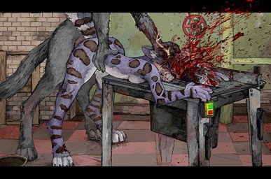 2_horns anthro antlers black_bars blood bodily_fluids danger death detailed_background duo female forced from_behind_position gore gore_focus horn male male/female male_on_top on_top penetration rape rapist saw sex tools vaginal vaginal_penetration jeffusherb felid mammal digital_media_(artwork) letterbox pixel_(artwork)