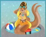 animal_ears anthro big_breasts breasts cleavage clothed clothing female hair hot_tub inflatable_toy jewelry long_tail looking_at_viewer multicolored_hair necklace pattern_background pokemorph rubber_duck simple_background sitting solo starfish_(accessory) starfish_bra tail thick_thighs water lilaboom nintendo pokemon asterozoan echinoderm floatzel generation_4_pokemon marine pokemon_(species) starfish 2025 absurd_res digital_drawing_(artwork) digital_media_(artwork) hi_res