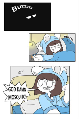 angry anthro bed blue_clothing blue_pajamas brown_hair buzzing clenched_teeth clothing cross-popping_vein dialogue duo feral furniture furniture_lamp hair male pajamas speech_bubble teeth text tonytoran tony_(tonytoran) arthropod chinchilla chinchillid fly_(animal) insect mammal mosquito rodent 2:3 comic hi_res