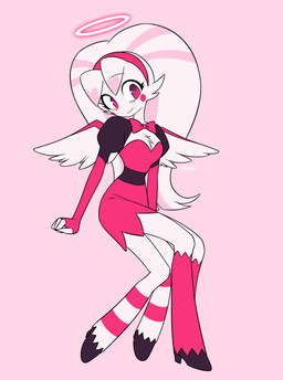 4_legs clothed clothing feathered_wings feathers female fingers halo multi_leg multi_limb pink_background simple_background solo wings enaic31 hazbin_hotel hellaverse molly_(hazbin_hotel) angel arachnid arthropod humanoid spider 2026 absurd_res digital_media_(artwork) hi_res