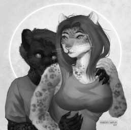 anthro black_body black_fur breasts claws clothing duo female fur hair hug looking_at_another male male/female markings melanistic romantic romantic_couple simple_background smile spots spotted_body spotted_fur white_body white_fur wanderertamplior felid feline leopard mammal pantherine 2021 absurd_res digital_media_(artwork) hi_res monochrome