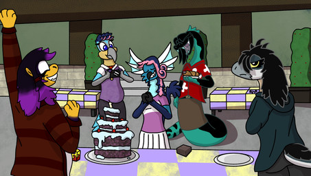ambiguous_gender anthro apode birthday clothed clothing detailed_background female group hair inside legless party serpentine tail rhp mythology avian bird dinosaur draconcopode dragon dromaeosaurid mythological_creature mythological_scalie naga prehistoric_species reptile saurischian scalie sea_serpent snake snake_naga theropod absurd_res digital_drawing_(artwork) digital_media_(artwork) hi_res