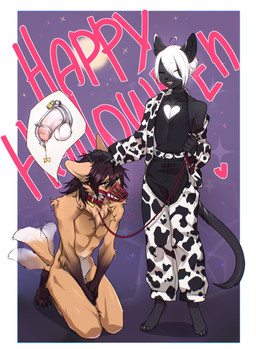5_fingers animal_print anthro balls bdsm biped chastity_cage chastity_cage_only chastity_device chastity_device_only claws collar collar_only cow_print dominant dominant_male duo eyes_closed fingers fur fur_tuft genital_piercing genitals glans hair holidays humanoid_genitalia humanoid_penis interspecies leash lock male male/male metal_chastity_cage muzzle_(object) muzzled nude open_mouth open_smile padlock penis piercing smile submissive submissive_male tail tail_motion tailwag text tuft urethral wearing_chastity_cage wearing_chastity_device wire_basket_muzzle viskasunya halloween canid canine domestic_cat felid feline felis mammal maned_wolf 2022 english_text hi_res