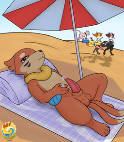 2_tails 4_fingers 4_toes alternate_color animal_genitalia anthro arm_fin balls beach beach_towel beach_umbrella black_body black_fur black_nose bodily_fluids circle_eyebrows claws cooler dipstick_tail erection eyebrows feet fin fingers flotation_sac fur genital_fluids genitals grey_body grey_fur group hand_holding kerchief lying male markings multi_tail multicolored_body multicolored_fur neckerchief neckwear on_back orange_body orange_fur parasol penis pillow pink_body precum precum_on_hand precum_on_own_penis precum_on_penis red_body red_fur shadow sheath solo_focus tail tail_markings tan_body tan_fur tapering_penis toe_claws toes towel whisker_markings yellow_body yellow_fur foxwithhat nintendo pokemon braixen buizel generation_1_pokemon generation_4_pokemon generation_6_pokemon legendary_pokemon mew_(pokemon) pokemon_(species) hi_res