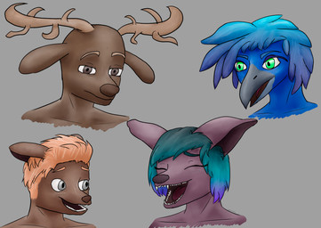 anthro dyed_fur feathers female group happy laugh male simple_background suspicious marunishkek avian bat canid canine deer mammal moose new_world_deer absurd_res hi_res sketch