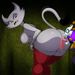 angry anthro areola big_butt bodily_fluids breasts butt butt_lick clothing duo fangs female fur grey_body grey_fur half-closed_eyes huge_butt huge_hips huge_thighs hyper hyper_hips legwear licking looking_at_another looking_at_partner looking_back looking_back_at_another looking_back_at_partner markings mole_(marking) motion_lines narrowed_eyes nipples open_mouth purple_eyes saliva small_waist staff stockings teeth thick_thighs tongue tongue_out wide_hips lonbluewolf blast_cats enchantress_kassidy domestic_cat felid feline felis mammal 1:1 2025 hi_res