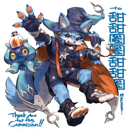 ambiguous_gender anthro black_eyes blue_body blue_eyes blue_fur bottomwear cape clothing duo fangs feral fur hair hat headgear headwear male paws pose potion purple_body shirt shorts simple_background smile teeth tentacles topwear white_background witch_hat yellow_sclera makotoo aquatic canid canine canis cephalopod coleoid mammal mollusk octopodiform octopus wolf 1:1 absurd_res hi_res