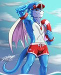 anthro beach blue_body clothing countershading hat headgear headwear lifeguard male red_clothing red_hat red_headwear red_swimming_trunks red_swimwear sea seaside solo swimming_trunks swimwear water sagadreams bandai_namco digimon digimon_(species) exveemon absurd_res hi_res