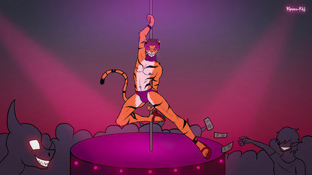 anthro athletic black_sclera bulge cleats clothing countershading dancing footwear glowing glowing_eyes gradient_background group hair jockstrap male navel nipples orange_body pink_eyes pole pole_dancing sharp_teeth shoes simple_background smile strip_club stripes stripper teeth ticket underwear whiskers kimero_kat shakir felid mammal pantherine tiger 16:9 hi_res widescreen