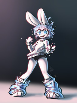 4_fingers anthro blue_eyes blue_hair buckteeth clothing female fingers footwear fur hair light paws pink_light rabbit_ears shortstack socks solo sweater teeth topwear white_body white_fur loliche animal_humanoid humanoid lagomorph lagomorph_humanoid leporid leporid_humanoid mammal mammal_humanoid rabbit rabbit_humanoid absurd_res hi_res