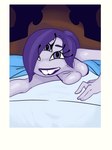 3_eyes 3_fingers anthro bed bed_sheet bedding blanket border breasts buckteeth cleavage clothed clothing eyelashes female fingers furniture glistening glistening_body grey_body hair long_neck lying multi_eye on_bed polaroid_photo purple_eyes purple_hair shirt smile solo tank_top teeth topwear white_border spearmph disney monsters_inc monsters_university pixar claire_wheeler amphibian humanoid 3:4 digital_media_(artwork) hi_res