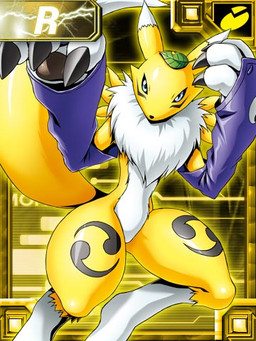 3_fingers ambiguous_gender anthro black_sclera blue_eyes chart chest_tuft claws clothing digitigrade dipstick_ears double_tomoe ear_markings featureless_crotch fingers fur gloves handwear leaf leaf_on_head mostly_nude multicolored_ears pie_chart solo tomoe_(symbol) tuft white_body white_ear_tips white_fur yellow_body yellow_fur bandai_namco digimon canid canine digimon_(species) mammal renamon 3:4 low_res official_art