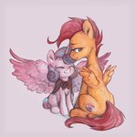 aged_up big_wings cape clothing cutie_mark disappointed duo emotional female feral horn looking_away small_wings smile wings jewellier_(artist) friendship_is_magic hasbro my_little_pony mythology cutie_mark_crusaders_(mlp) flurry_heart_(mlp) scootaloo_(mlp) equid equine mammal mythological_creature mythological_equine pegasus winged_unicorn hi_res