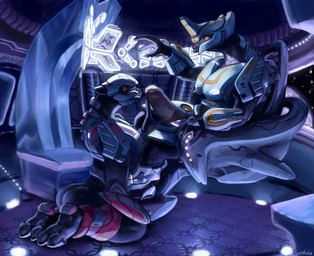 anthro duo erection female foreskin genitals hand_on_penis kneeling male male/female penis sitting sunhuiz halo_(series) microsoft xbox_game_studios alien sangheili absurd_res hi_res