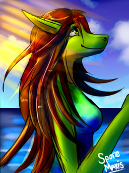 anthro brown_hair clothing cloud detailed_background female hair light light_beam long_hair sea sky smile solo sun sunbeam sunlight swimwear water yellow_eyes furrytiger_2012 reptile scalie snake digital_media_(artwork)