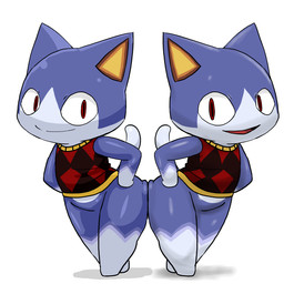 anthro ass_to_ass bottomless clone clothed clothing duo male open_mouth open_smile pupils red_eyes simple_background slit_pupils smile square_crossover white_background enigi09 animal_crossing nintendo rover_(animal_crossing) domestic_cat felid feline felis mammal