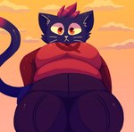 amber_eyes anthro belly big_breasts biped black_bottomwear black_clothing black_jeans black_pants blue_body blue_fur bottomwear breasts clothed clothing cloud denim denim_bottomwear denim_clothing dipstick_tail female fur hair hand_on_hip jeans looking_at_viewer looking_down low-angle_view markings outside overweight overweight_anthro overweight_female pants red_hair shirt sky solo sunset tail tail_markings thick_thighs tight_clothing topwear whiskers atsuineko night_in_the_woods mae_borowski domestic_cat felid feline felis mammal 2022 hi_res portrait three-quarter_portrait