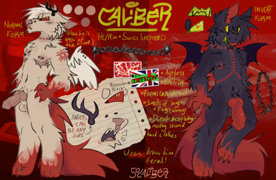 anthro antlers arm_tuft barbell_piercing blood bodily_fluids elbow_tuft facial_piercing facial_tuft furgonomic_piercing furgonomics genitals horn knot knotted_penis male mastectomy_scar muzzle_piercing nipple_piercing nipples nose_piercing penis piercing scar solo text tuft wings 50caliberz cal_(50caliberz) berger_blanc_suisse canid canine canis domestic_dog herding_dog mammal pastoral_dog english_text hi_res model_sheet trans_(lore) trans_man_(lore)