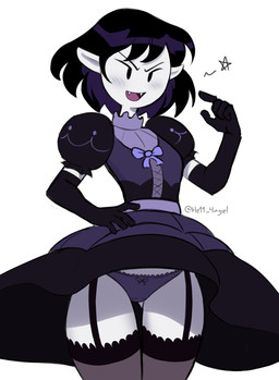 alternate_universe alternative_fashion armwear black_armwear black_clothing black_elbow_gloves black_eyes black_gloves black_hair black_handwear blush bow_panties bow_underwear butt butt_from_the_front clothed clothing dot_eyes dress elbow_gloves fangs female garter_straps glistening glistening_hair gloves goth gothic_lolita grey_body grey_skin gusset hair hand_on_hip hand_on_own_hip handwear humanoid_pointy_ears j-fashion legwear lolita_(fashion) long_hair open_mouth panties pointy_ears puffy_sleeves purple_clothing purple_panties purple_underwear short_hair simple_background simple_eyes smile solo teeth thick_thighs thigh_gap thigh_highs underwear upskirt victorian_goth white_background he11_4ngel adventure_time cartoon_network fionna_and_cake fionna_and_cake_(franchise) marceline_abadeer humanoid vampire 2023 hi_res portrait three-quarter_portrait