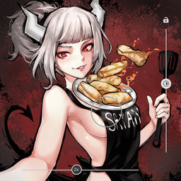 apron apron_only big_breasts breasts camera_view clothing female food hair horn markings mole_(marking) mostly_nude not_furry pancake plate ponytail red_background red_eyes simple_background smile solo spade_tail spatula tail text text_on_apron text_on_clothing tools white_hair robot_cat helltaker lucifer_(helltaker) demon demon_humanoid humanoid 1:1 2020