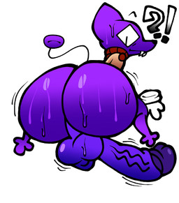 anthro balls big_balls big_butt big_penis black_eyes black_nose black_tail bodily_fluids brown_clothing brown_topwear brown_vest butt clothing exclamation_point fangs floating floating_hands fur genitals gloves handwear huge_penis looking_at_butt looking_at_own_butt looking_at_self looking_back male multicolored_clothing multicolored_topwear penis purple_body purple_ears purple_fur purple_tail question_mark rear_view sharp_teeth simple_background solo sweat tail teeth thick_thighs three-quarter_view topwear two_tone_clothing two_tone_tail two_tone_topwear two_tone_vest vein veiny_penis vest white_background white_clothing white_gloves white_handwear lucaslora bob_(superiorfox) alien domestic_cat felid feline felis mammal 2025 digital_media_(artwork) hi_res
