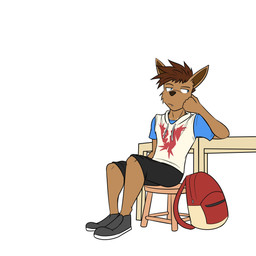 anthro anthrofied backpack biped bottomwear clothed clothing footwear fully_clothed hoodie male shirt shoes shorts simple_background sitting solo t-shirt topwear white_background fuze nintendo pokemon dustin_(fuze) eevee generation_1_pokemon pokemon_(species) 1:1 hi_res