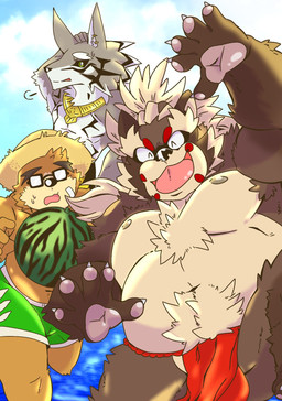 anthro armpit_hair asian_clothing belly black_nose body_hair bottomwear brown_body brown_fur bulge clothing countershading east_asian_clothing eyes_closed eyewear food fruit fundoshi fur glasses group humanoid_hands japanese_clothing male melon moobs nipples overweight overweight_male plant shorts underwear water watermelon bumomomoboa lifewonders tokyo_afterschool_summoners goemon_(tas) seth_(tas) volos_(tas) bear canid canine canis jackal mammal raccoon_dog tanuki 2019 hi_res