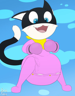 ambiguous_gender anthro big_diaper black_body black_ears black_fur black_tail blue_background blush blush_lines bodily_fluids bondage_gear bondage_gloves button_(fastener) clean_diaper clothed clothing diaper diaper_peekage diaper_under_clothing diaper_under_onesie dipstick_tail fangs fur handwear huge_diaper kerchief looking_down markings multicolored_body multicolored_fur neckerchief neckwear nervous nervous_smile onesie open_mouth open_smile pink_clothing pink_handwear pink_onesie pupils simple_background slit_pupils smile snapsuit solo standing sweat tail tail_markings teeth text three-quarter_view two_tone_body two_tone_fur two_tone_tail wearing_diaper white_body white_diaper white_fur white_inner_ear white_tail white_tail_tip yellow_kerchief yellow_neckerchief burritokitten atlus megami_tensei persona_(series) persona_5 sega morgana_(persona) domestic_cat felid feline felis mammal tuxedo_cat 2026 absurd_res artist_name full-length_portrait hi_res portrait signature male_(lore)