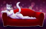 animal_genitalia anthro balls bell bell_collar biped collar fully_sheathed fur furniture genitals hair half-closed_eyes lying male narrowed_eyes nude on_side seductive sheath smile sofa solo white_body white_fur dunnowhattowrite domestic_cat felid feline felis mammal