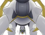 ambiguous_gender butt featureless_crotch feral green_sclera looking_back low-angle_view rear_view red_eyes simple_background solo white_background white_body on_ice_(artist) nintendo pokemon arceus generation_4_pokemon legendary_pokemon pokemon_(species) absurd_res hi_res