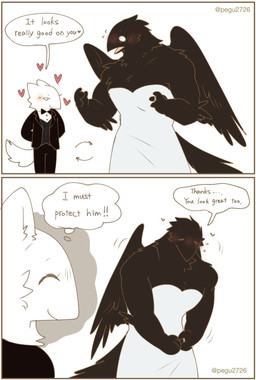 2_panel_comic alternate_costume anthro beak biped black_body black_feathers black_wings blush bottomwear bow_tie clothed clothed_anthro clothed_female clothed_male clothing clothing_swap crossdressing crossdressing_female crossdressing_male dialogue dress duo empty_eyes eyes_closed feathered_wings feathers female female_anthro flustered front_view fully_clothed fully_clothed_anthro fully_clothed_female fully_clothed_male fur furgonomic_bottomwear furgonomics half-closed_eyes heart_symbol hearts_around_head inner_monologue jacket larger_anthro larger_male looking_at_another male male_anthro monotone_body monotone_feathers monotone_fur muscular muscular_anthro muscular_male narrowed_eyes pants romantic romantic_couple simple_background size_difference slim slim_anthro slim_female smaller_anthro smaller_female smile smirk speech_bubble suit text thinking thought_bubble topwear vest wedding_dress white_background white_body white_fur wings pegu2726 karagarasu_(pegu2726) tarte_(pegu2726) avian bird corvid corvus_(genus) crow domestic_cat felid feline felis mammal oscine passerine 2026 artist_name comic digital_drawing_(artwork) digital_media_(artwork) english_text flat_colors hi_res female_(lore) male_(lore)