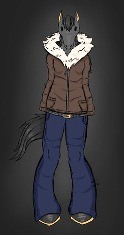 anthro bell-bottoms belt black_eyes blue_bottomwear blue_clothing blue_jeans blue_pants bottomwear breasts brown_clothing brown_coat brown_topwear clothing coat denim denim_bottomwear denim_clothing female fur fur_lined_coat glistening glistening_eyes grey_body grey_fur grey_hair grey_tail hair hooves horse_tail jeans looking_at_viewer mane markings painted_hooves pants sleeves_past_fingers solo spots spotted_markings tail topwear firealone equid equine horse mammal hi_res