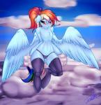 2015 anthro anthrofied biped blue_body blue_feathers blue_fur blush camel_toe chest_tuft clothing cloud elzzombie equid equine feathered_wings feathers female friendship_is_magic fur hair hasbro hi_res legwear mammal multicolored_hair my_little_pony mythological_creature mythological_equine mythology on_cloud outside pegasus ponytail rainbow_dash_(mlp) semi-anthro sitting sky skyscape solo thigh_highs tuft underwear wings