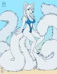 anthro barefoot biped black_nose blue_background blue_eyes breasts cleavage clothed clothing cutout feet female fur multi_tail navel navel_cutout one-piece_swimsuit sideless_swimsuit simple_background skimpy smile solo swimwear tail white_body white_fur kacey krinele_fullin canid canine dreamspinner mammal 2017 digital_media_(artwork)