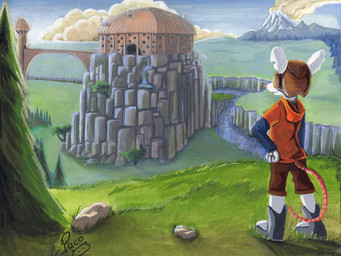 anthro armor blue_sky boots bottomwear brown_bottomwear brown_clothing brown_shorts building closed_smile clothed clothing cloud day footwear grass grey_boots grey_clothing grey_footwear headgear helmet male male_anthro mouth_closed notched_ear orange_clothing orange_topwear outside plant rock shoes shorts sky smile solo standing topwear tree white_body young young_anthro young_male pandapaco mammal mouse murid murine rodent