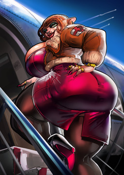 aircraft airplane anthro big_breasts big_butt black_clothing black_leggings black_legwear breasts brown_clothing brown_hair brown_jacket brown_topwear butt clock clothed clothed_anthro clothed_female clothing eyeshadow female footwear green_eyes hair high_heels huge_breasts jacket leggings legwear lips lipstick looking_at_viewer looking_back looking_back_at_viewer makeup markings mature_anthro mature_female mole_(marking) red_clothing red_footwear red_high_heels red_lipstick shoes solo teal_eyeshadow thick_lips thick_thighs topwear vehicle watch wristwatch djpuppeh disney treasure_planet captain_amelia domestic_cat felid feline felis mammal 2026 absurd_res hi_res