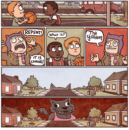 anthro backpack ball basketball basketball_(ball) basketball_court black_hair blonde_hair breasts building cleavage clothed clothing derp_eyes dialogue fangs female grass hair hat headgear headwear house humor macro mailbox male medium_truck neighborhood plant red_hair scarf shirt tail tank_top teeth text topwear tree truck van vehicle wood young matt_czap eat_that_toast canid canine canis human mammal wolf 2011 comic english_text