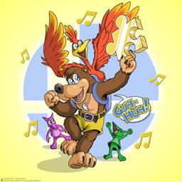 3_toes 4_fingers anthro backpack barefoot beak blue_eyes bottomwear brown_body brown_fur brown_pawpads claws clothed clothing feathers feet female fingers front_view fur green_body green_eyes group happy holding_object jewelry male musical_note musical_symbol necklace open_mouth pawpads purple_body red_body red_feathers simple_background speech_bubble symbol text toes topless wings yellow_background geminisaint banjo-kazooie rareware banjo_(banjo-kazooie) kazooie avian bear bird breegull brown_bear jinjo mammal ursine 1:1 2019 url
