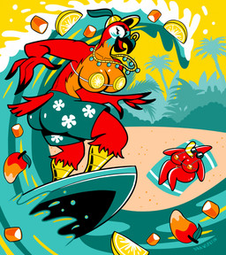 anthro beak bikini bottomwear clothing countershading duo eyelashes female food fruit lemon mango_(fruit) open_beak open_mouth orange_body orange_countershading plant red_body round_sunglasses shorts surfboard surfing swimwear text two-piece_swimsuit drawsputin avian bird 2025 alternate_version_at_source artist_name hi_res tagme