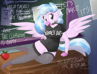 anthro anthrofied apple beak blue_hair blue_tail chalkboard choker classroom clothing collar desk dialogue feathers female food fruit furniture hair jewelry leggings legwear necklace open_mouth panties pink_body pink_feathers plant purple_eyes school shirt solo spiked_choker spiked_collar spikes stockings t-shirt table tail text topwear underwear wings flutterthrash european_mythology friendship_is_magic greek_mythology hasbro my_little_pony mythology silverstream_(mlp) avian hippogriff mythological_avian mythological_creature english_text hi_res