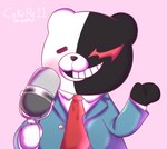 ambiguous_gender anthro black_body black_nose blush clothed clothing electronics fully_clothed genetic_chimerism grin holding_microphone holding_object microphone multicolored_body necktie pink_background red_eyes shirt simple_background smile solo split_color suit teeth text topwear two_tone_body white_body cakepie11 danganronpa spike_chunsoft monokuma bear mammal ursine 2019 artist_name digital_media_(artwork) half-length_portrait hi_res portrait male_(lore)