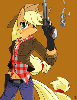 anthro anthrofied bad_trigger_discipline clothing cowboy_hat female freckles gun handgun hat headgear headwear holding_object holding_weapon jewelry navel necklace ranged_weapon revolver simple_background solo weapon amostheartman fallout friendship_is_magic hasbro microsoft my_little_pony applejack_(mlp) rose_of_sharon_cassidy equid equine mammal 2012 absurd_res hi_res